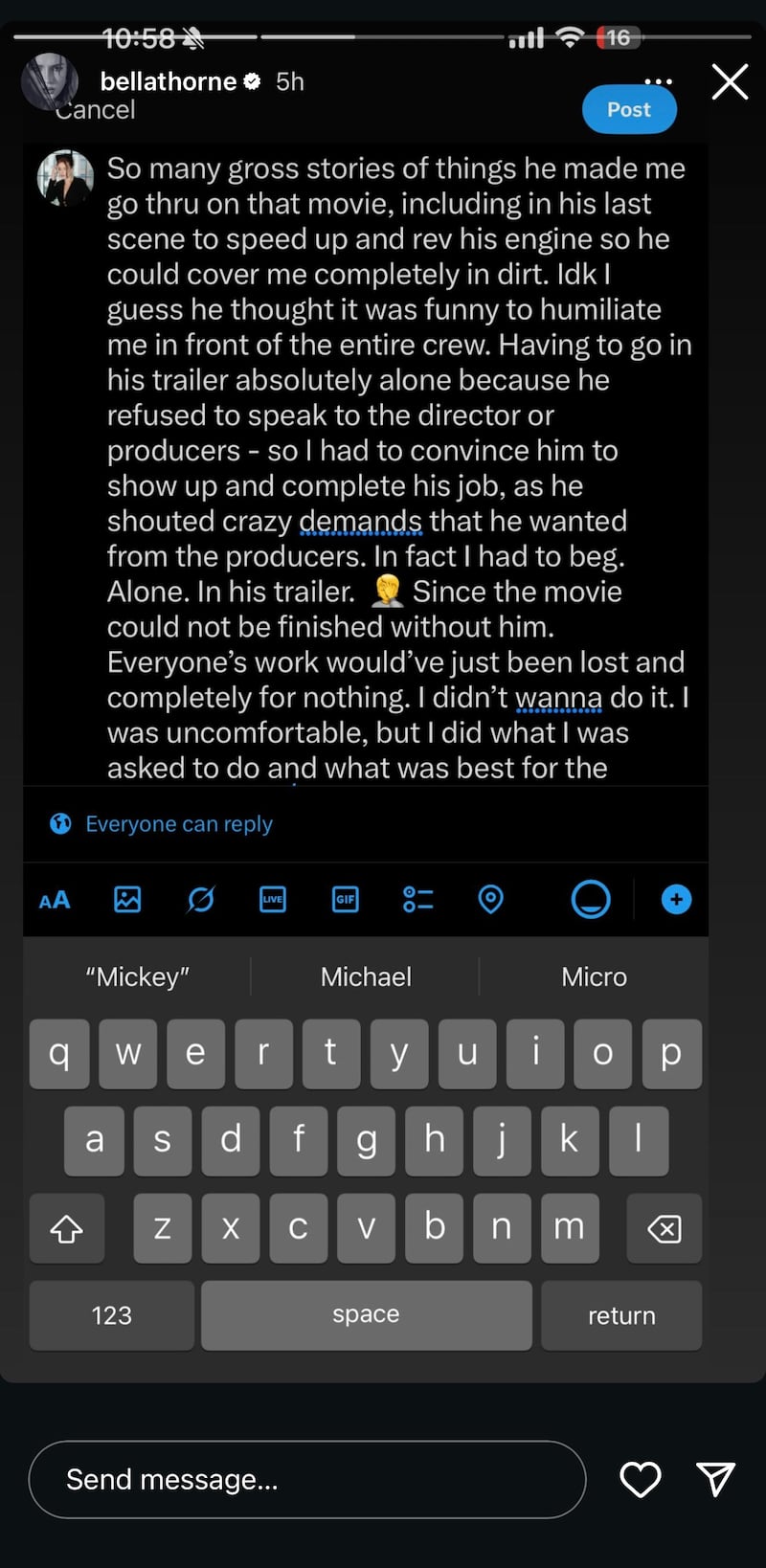 Bella Thorne's Instagram story calling out Mickey Rourke.