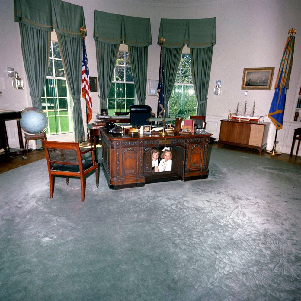 The Oval Office, with a restored Resolute Desk, in 1963.