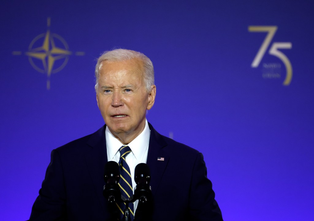 President Joe Biden delivers remarks during the NATO 75th anniversary celebratory event at the Andrew Mellon Auditorium on July 9, 2024 in Washington, DC.
