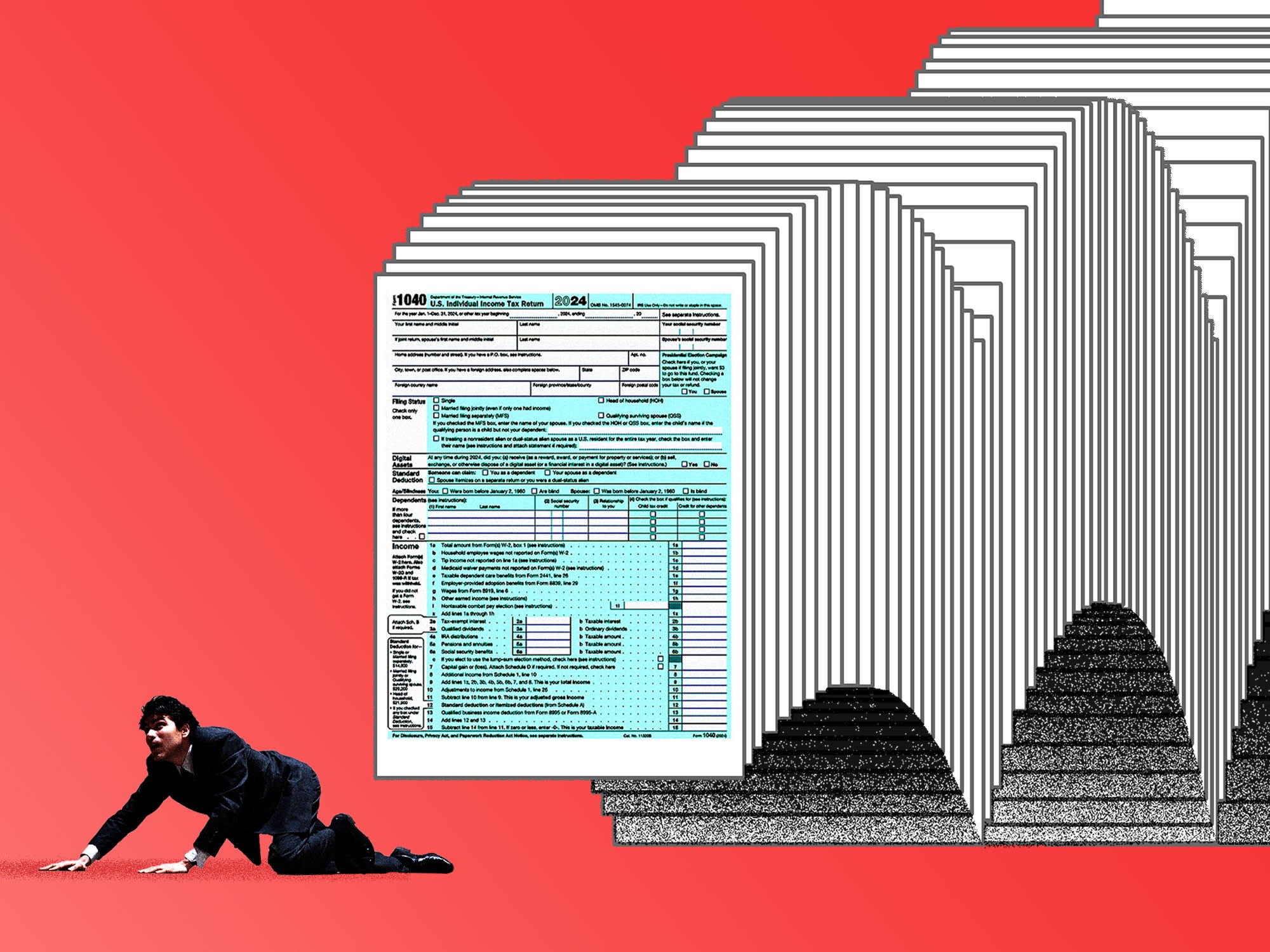 A man being chased by a large sum of tax forms