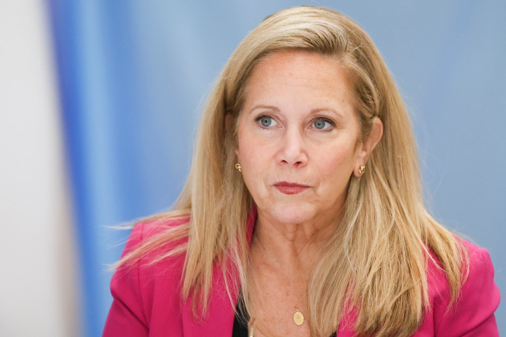 Laura Gillen, Democratic candidate for New York's 4th Congressional District, speaks during a roundtable discussion outlining her policy platform to lower healthcare costs for Latino families, Thursday, Oct. 24, 2024, in Freeport, N.Y.
