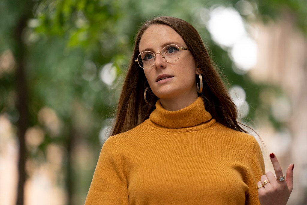 Charlotte Bennett, a former health policy aide to former Gov. Andrew Cuomo, speaks during an interview in New York on Tuesday, Oct. 12, 2021.