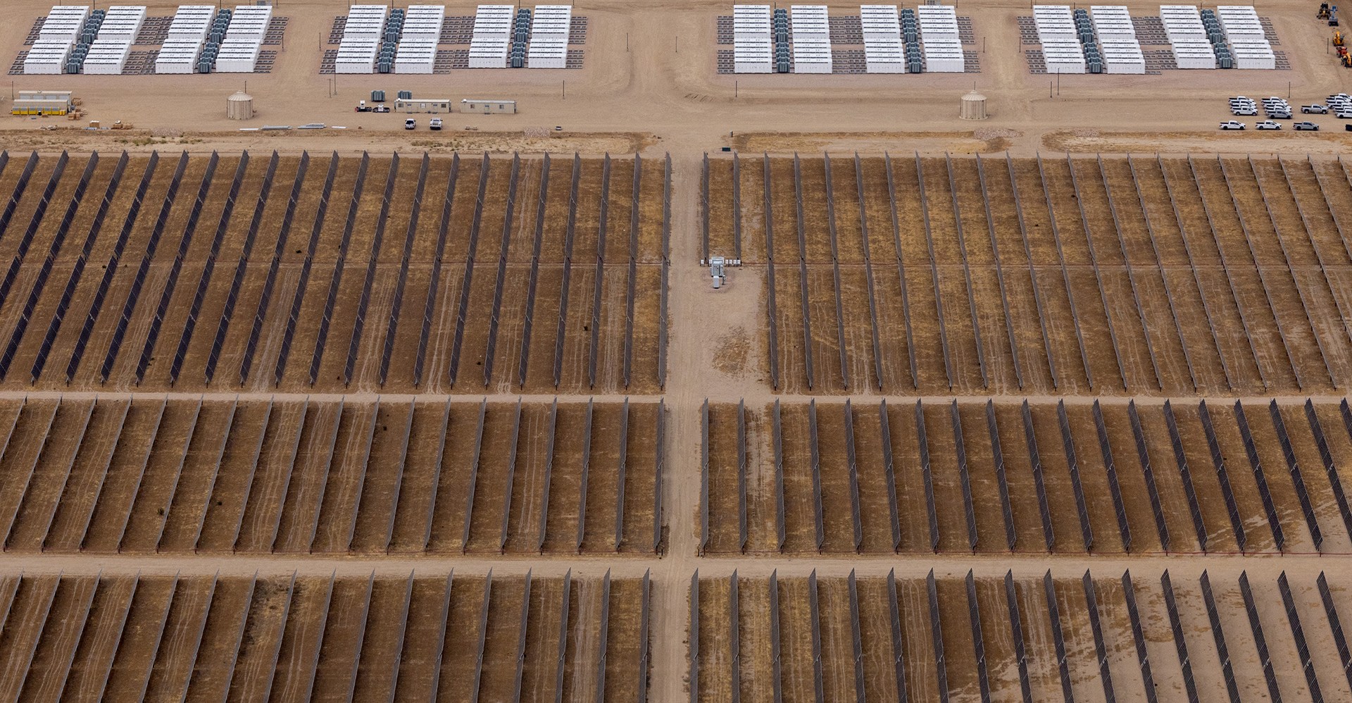 an aerial view of a massive solar and battery storage plant