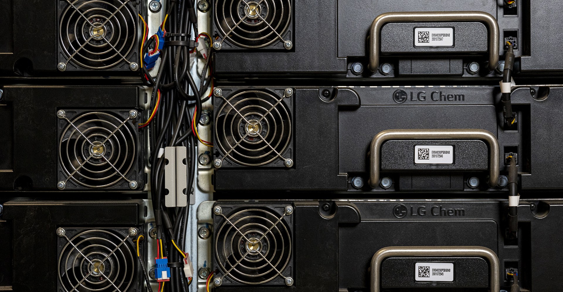 a close-up view of stacked lithium battery modules
