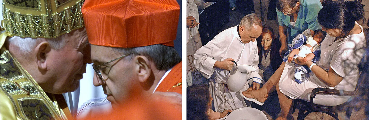 Left: Newly named Argentine Cardinal Jorge Mario Bergoglio kisses Pope John Paul II after receiving the red biretta, a four-cornered hat, during the consistory ceremony in St. Peter’s Square at the Vatican on Feb. 21, 2001. Right: Bergoglio washes the feet of an unidentified woman at Buenos Aires’ Sarda maternity hospital on Holy Thursday, March 24, 2005.
