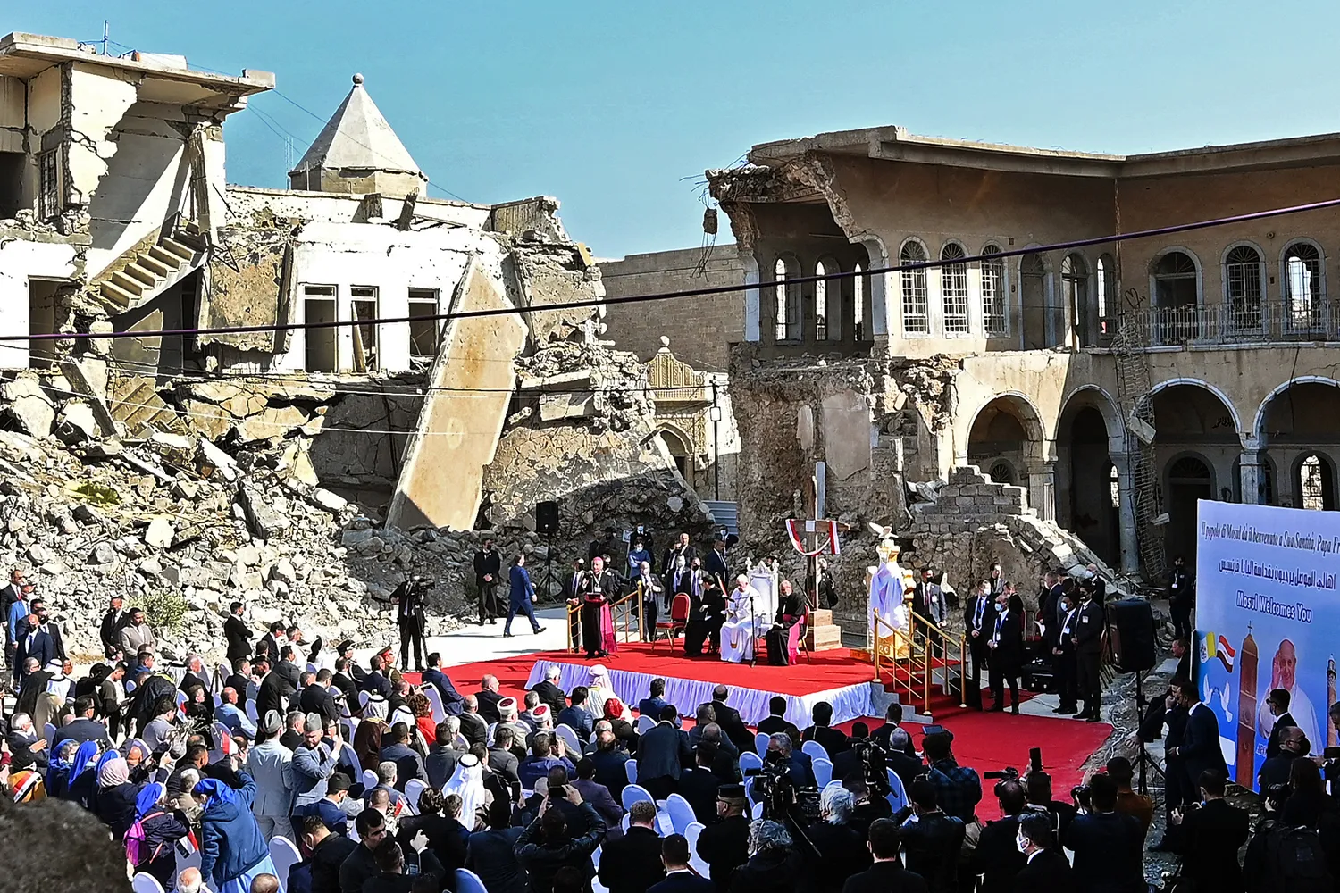 Pope Francis speaks amid ruins in Iraq