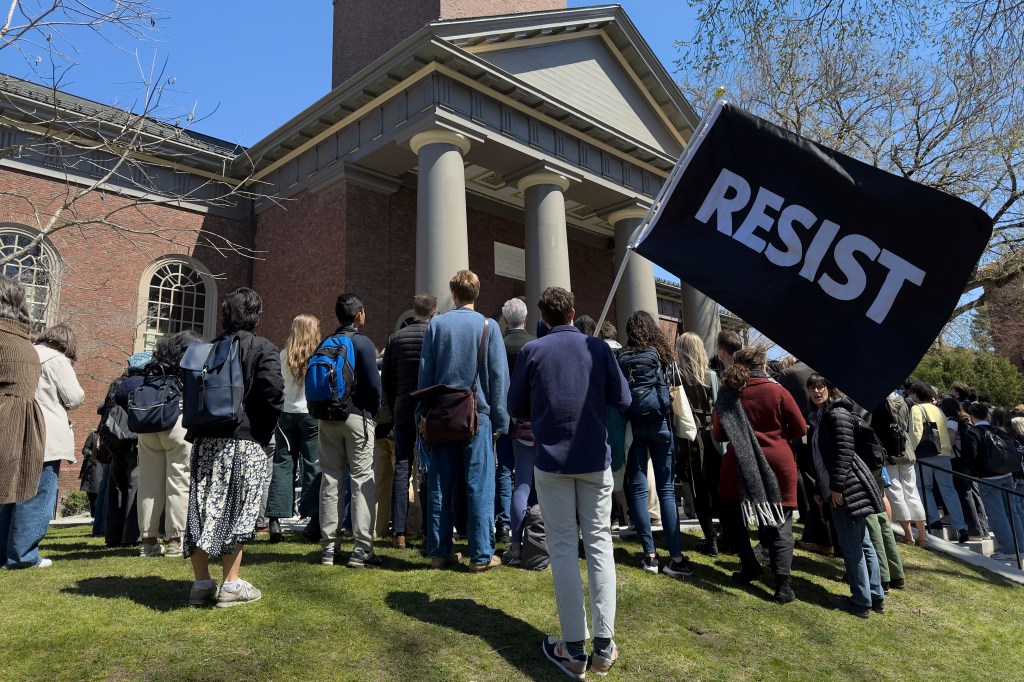 Students, faculty and members of the Harvard University community rally, Thursday, April 17, 2025, in Cambridge, Mass. (