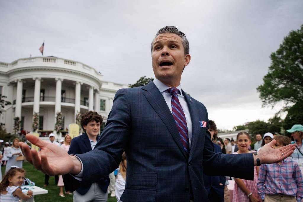 Secretary of Defense Pete Hegseth speaks to reporters while attending the 2025 Easter Egg Roll with his family on the South Lawn of the White House on April 21, 2025 in Washington, D.C.