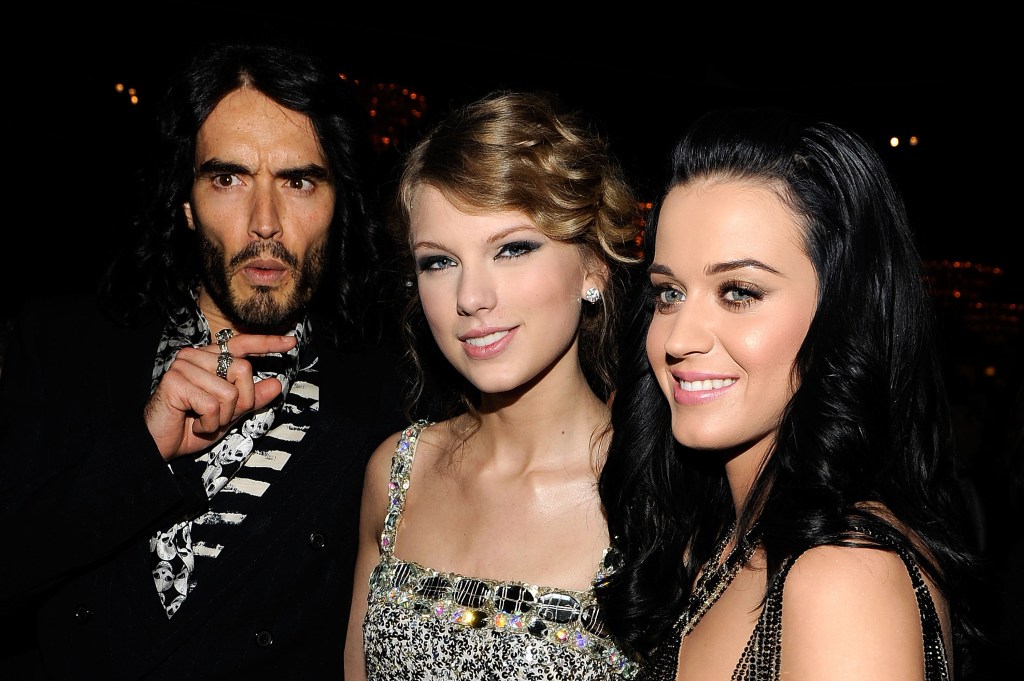 A photo of Russell Brand, Taylor Swift and Katy Perry.