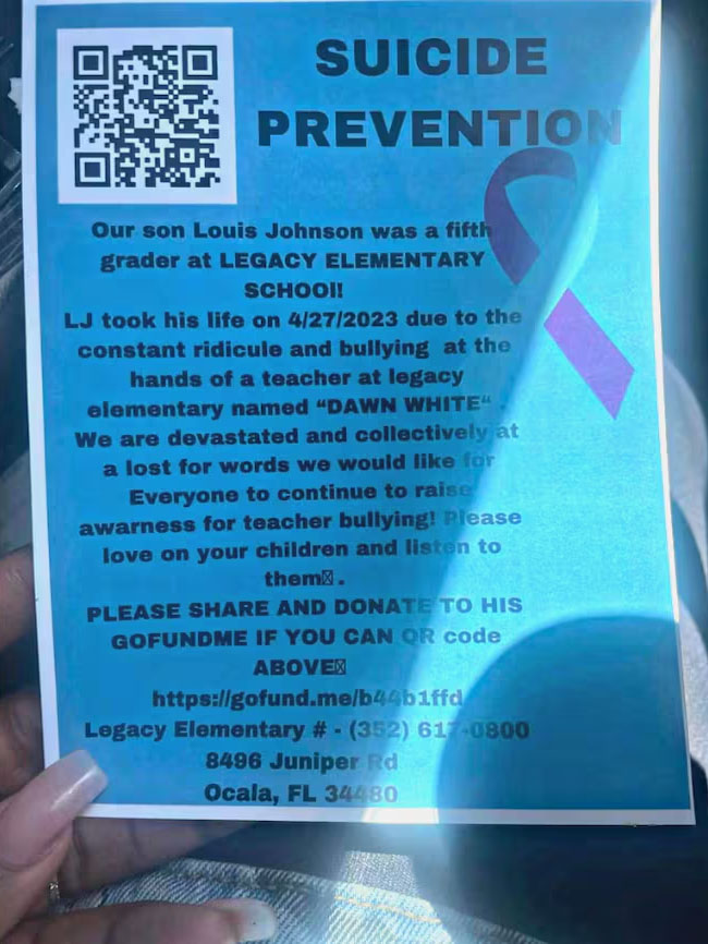 Suicide prevention flyer handed out by Louis Johnson's parents