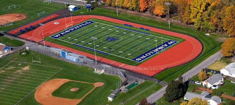 Aerial view of Westhill High School and football field in Syracuse, New York
