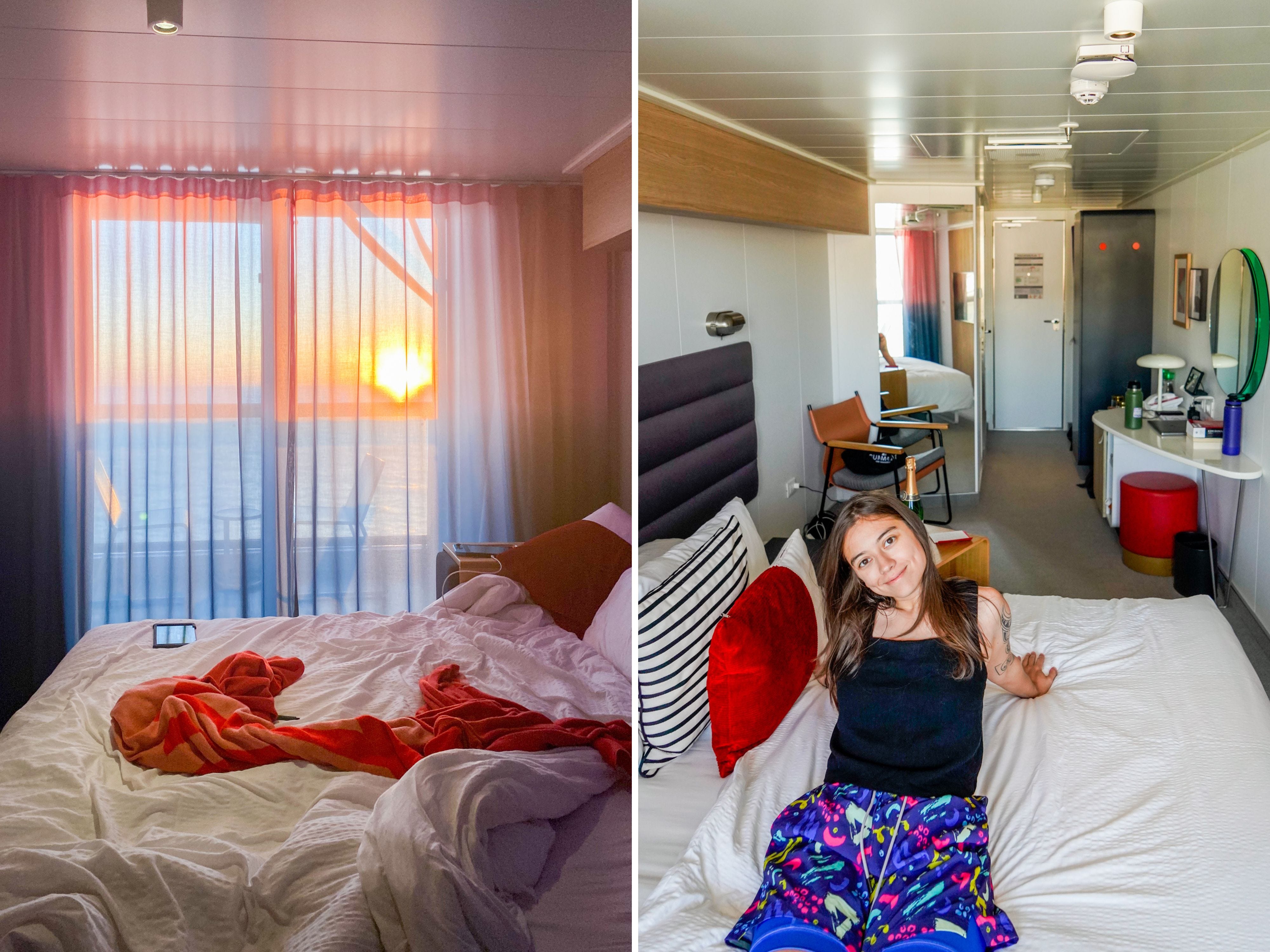 A composite image of an unmade bed in a cruise cabin with a balcony and the sun setting behind, and the author sits on a bed with white sheets and a red pillow on the left. Behind her is the cruise ship cabin