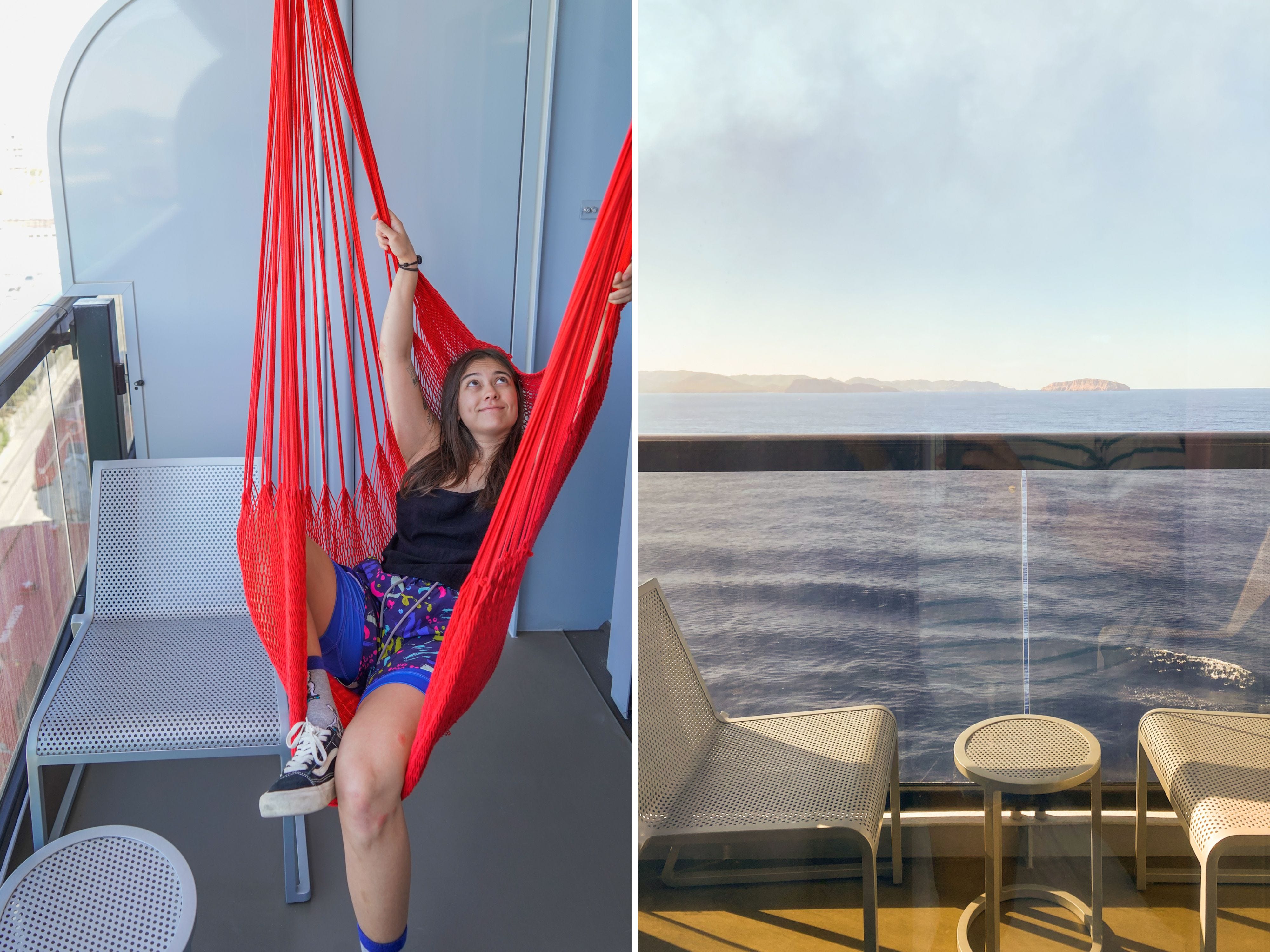 A composite image of the author lounging in a red hammock on a cruise ship balcony and empty chairs overlooking the ocrean with islands in the distance on the same balcony