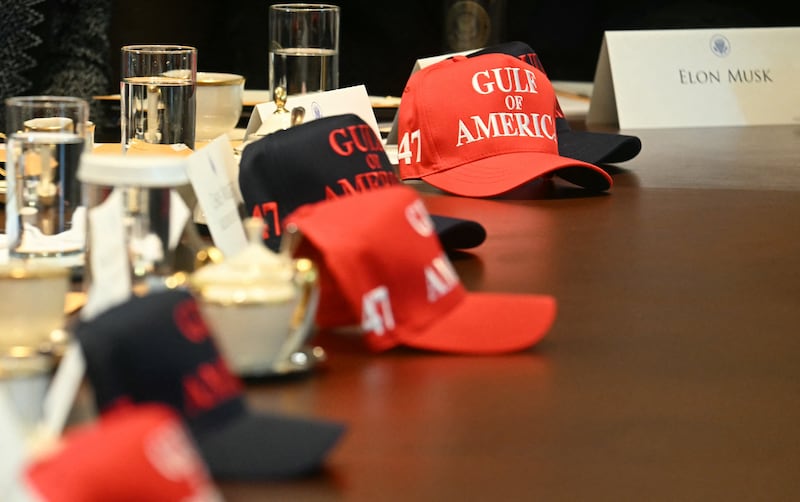 Trump administration officials at a Cabinet meeting on Wednesday had "Gulf of America" hats placed in front of them as President Trump attempts to rebrand the Gulf of Mexico amid widespread derision.