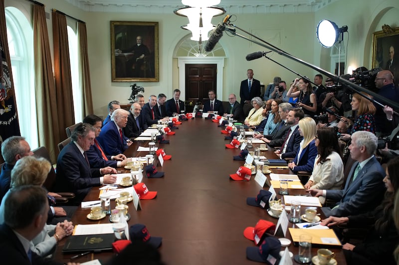 President Donald Trump speaks during a Cabinet meeting at the White House on April 30, 2025 as new data showed the U.S. economy shrank in the first quarter of the year.