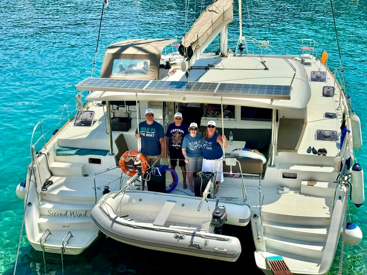 Aerial view of author Tammy Barr and family onboard the yacht 
