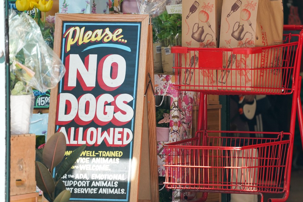 A sign at the front of Trader Joe's warning against dogs.
