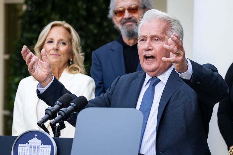 US actor Martin Sheen speaks alongside US First Lady Jill Biden (L) and members of the cast during an event to mark the 25th anniversary of the television series "The West Wing" in the Rose Garden at the White House in Washington, DC, on September 20, 2024.