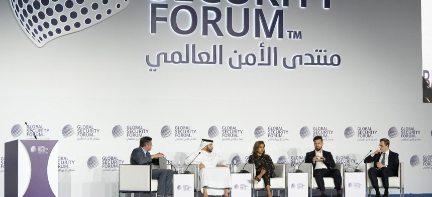 Patrick Tucker speaks to Abdulrahman Ali Muhammad Al Farahid Al Malki, president of Qatar's national cyber security agency; Anjana Rajan, former White House assistant national cyber director; Marc Owen Jones, associate professor of media analytics for Northwestern University in Qatar, and Adam Hadley, founder and executive Director of Tech Against Terrorism, at the Soufan Center Forum in Doha, Qatar, April 28, 2025.