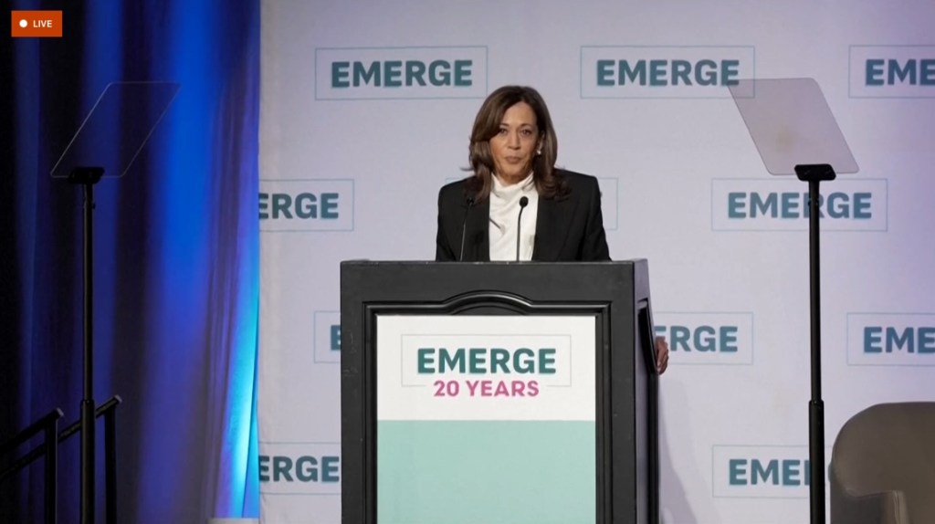 Former Vice President Kamala Harris speaks at the Emerge 20th Anniversary Gala in San Francisco, Calif. on April 30, 2025.