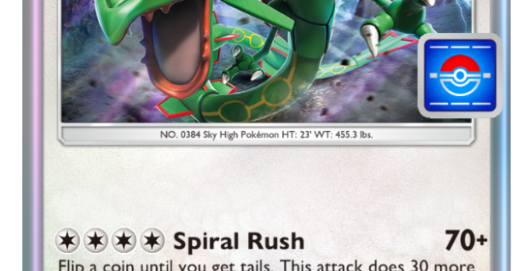 An image of Rayquaza in Pokemon TCG Pocket. It has 100 HP and a retreat cost of one. t can use the move spiral rush. 
