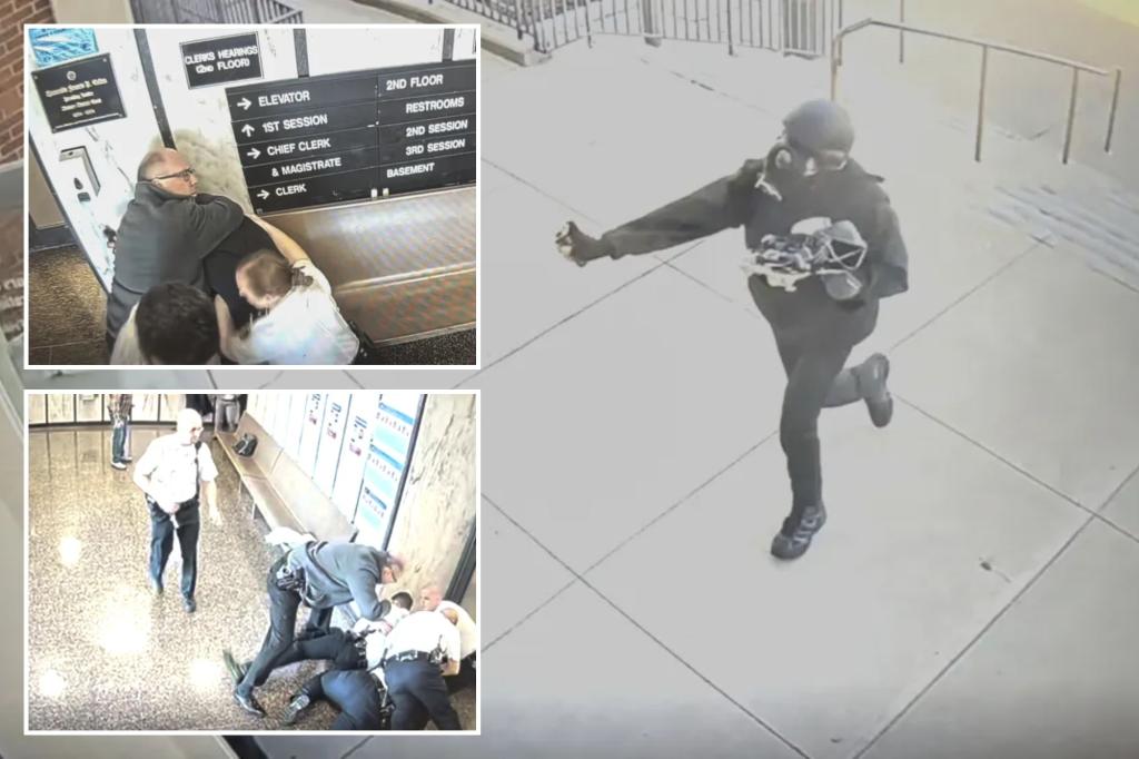Assailant storms Mass. courthouse in gas mask, tactical gear and pepper sprays, assaults several victims: video