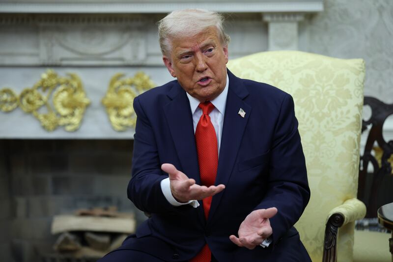 WASHINGTON, DC - APRIL 14: U.S. President Donald Trump speaks as he meets with President Nayib Bukele of El Salvador in the Oval Office of the White House on April 14, 2025 in Washington, DC. Trump and Bukele were expected to discuss a range of bilateral issues including the detention of Kilmar Armando Abrego Garcia, who has been held in a prison in El Salvador since March 15. (Photo by Win McNamee/Getty Images)
