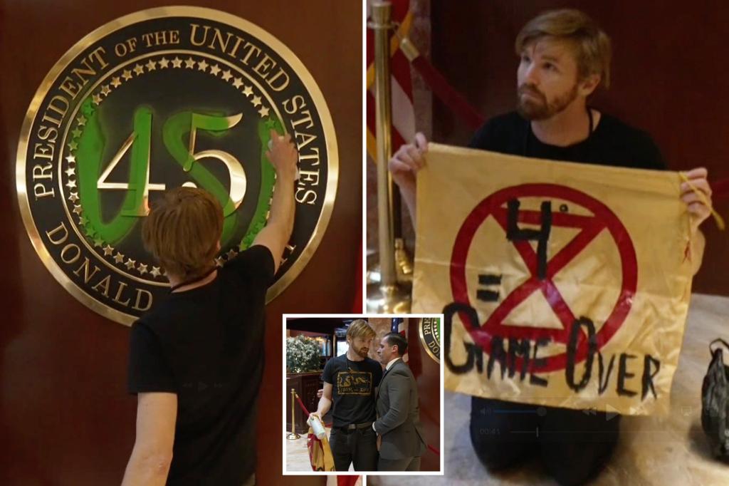Climate protester arrested after spray painting over presidential insignia at Trump Tower