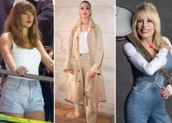 From Dolly Parton to Anne Hathaway, sparkly denim is staging a comeback