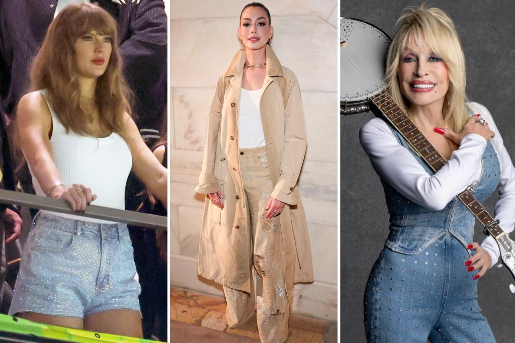 From Dolly Parton to Anne Hathaway, sparkly denim is staging a comeback