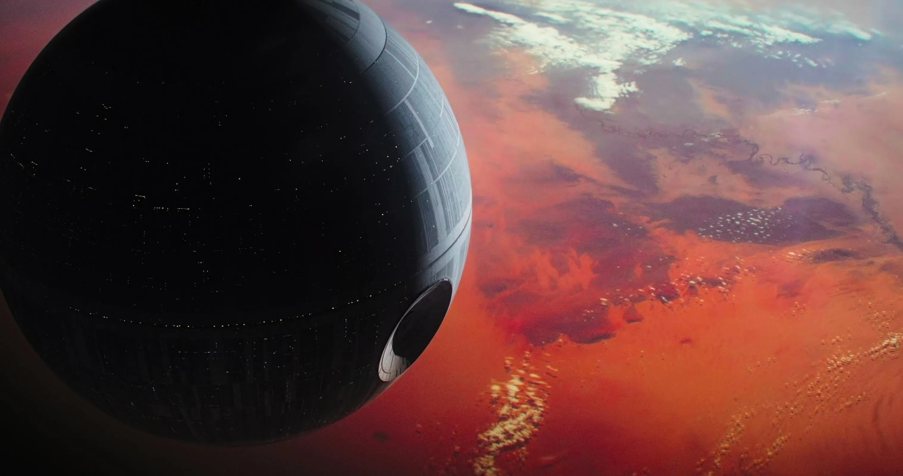 the death star floating about jedha in Rogue One