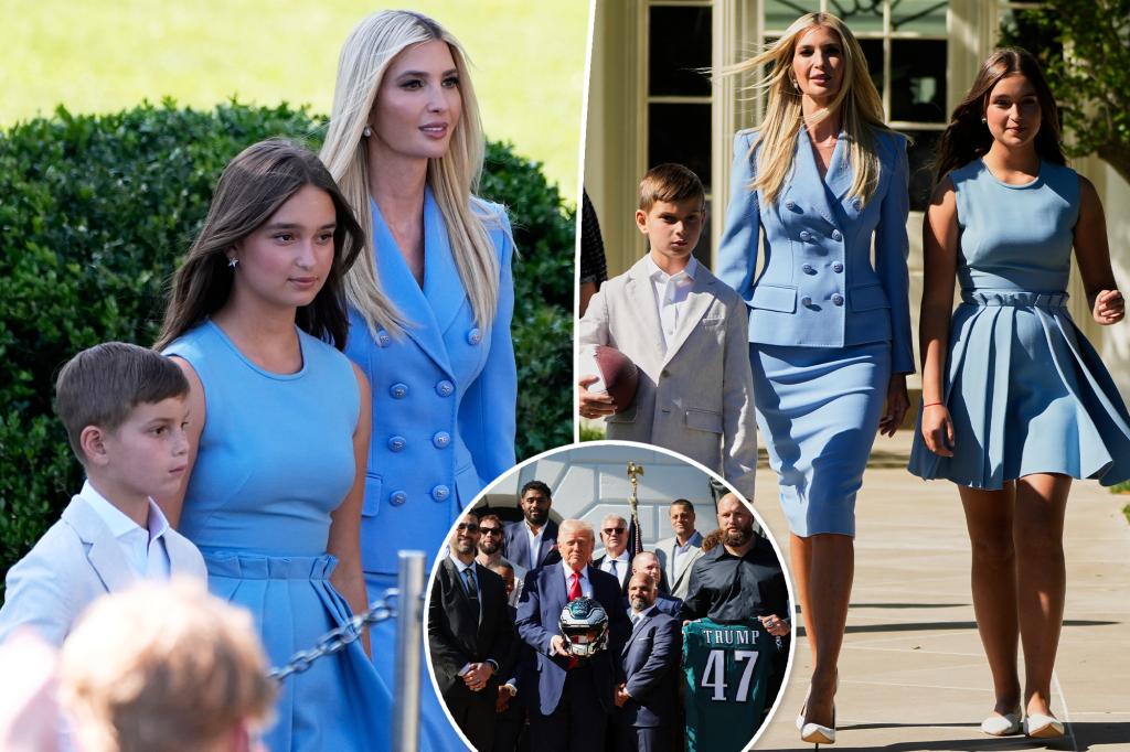 Ivanka Trump and daughter Arabella Rose match in blue for Eagles White House visit