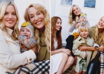 Jerry Hall poses with daughters Georgia May and Lizzy Jagger, plus her grandchildren, for Burberry Mother’s Day ad