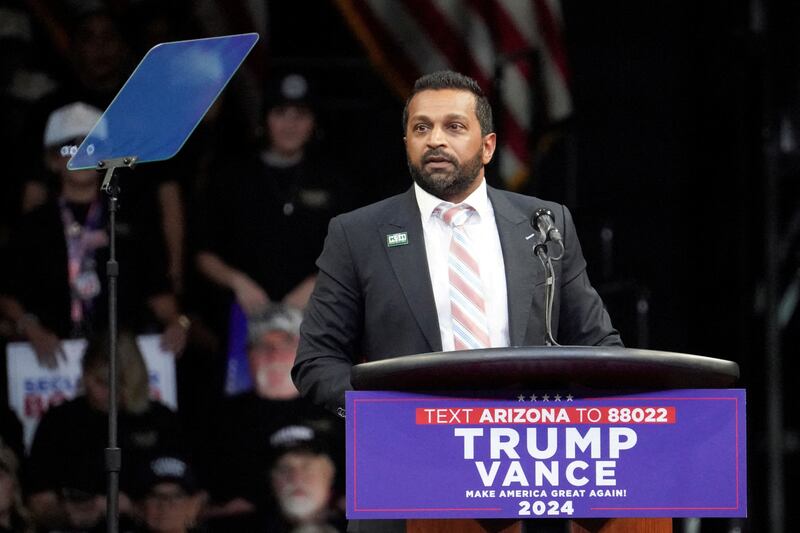 Kash Patel, former chief of staff to the defense secretary speaks on the day Republican presidential candidae and former U.S. President Donald Trump holds a campaign rally, in Prescott Valley, Arizona, U.S., October 13, 2024.