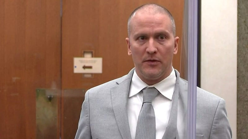 Derek Chauvin addresses his sentencing hearing and the judge as he awaits his sentence after being convicted of murder in the death of George Floyd