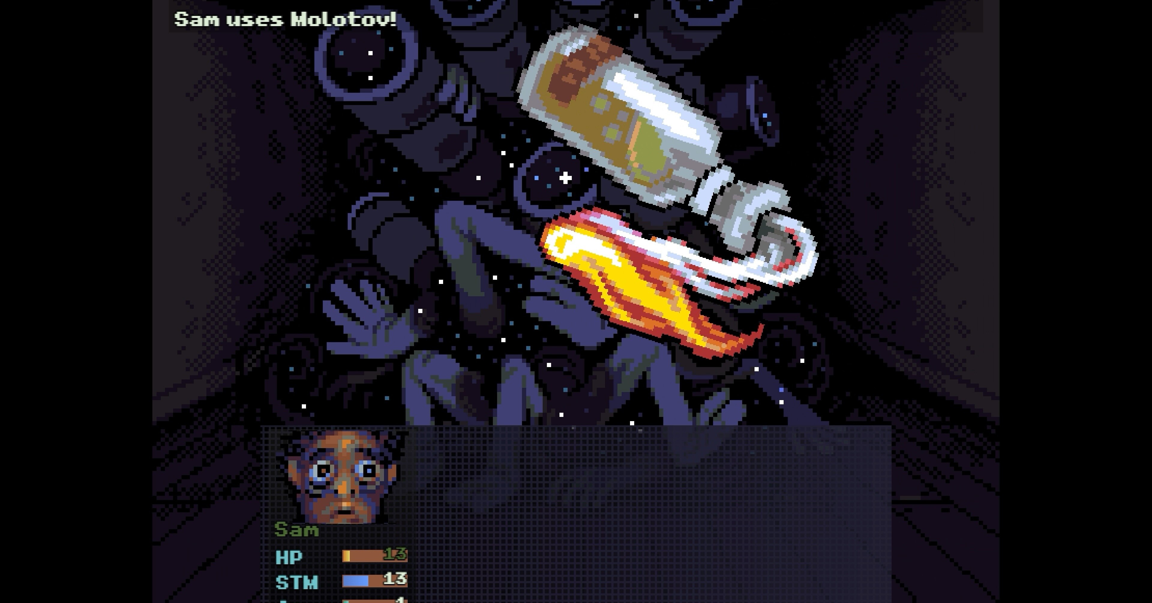 Sam, the protagonist of Look Outside, faces off in RPG combat against a mass of scopes and limbs. He is throwing a molotoc, which will do big damage.