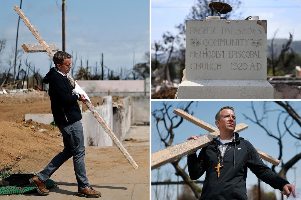 Members of LA church destroyed in wildfire carry cross through devastated neighborhood on Good Friday