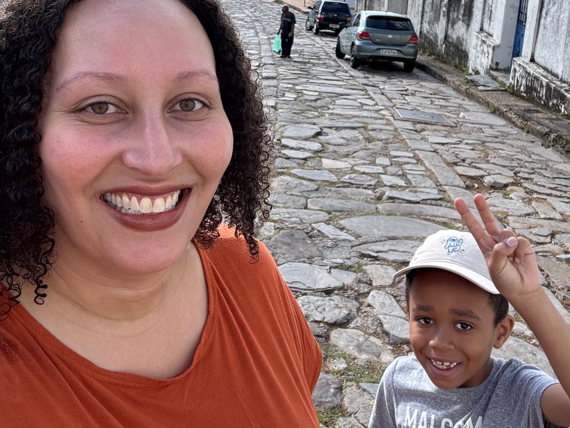 Woman and son posing for photo in Brazil