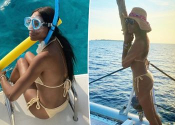 Naomi Campbell, 54, rocks yellow string bikini during tropical getaway with family and friends