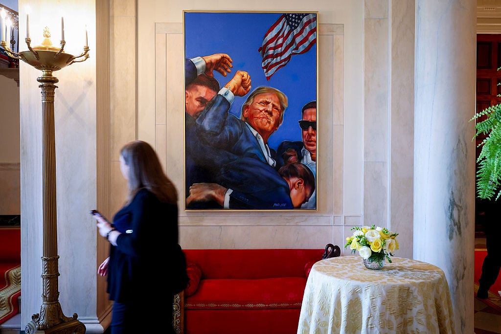 A painting of Donald Trump surviving an assassination attempt hanging in the White House.