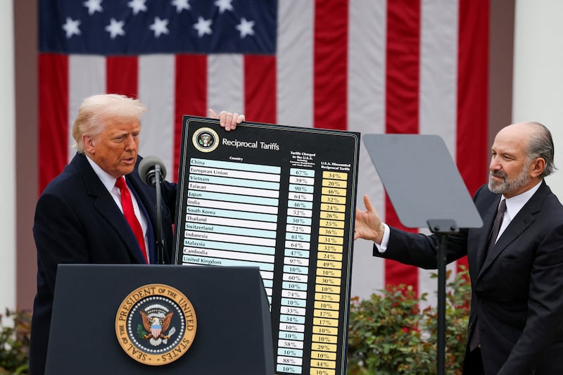 Donald Trump holds a sign with a list of "reciprocal tariffs."