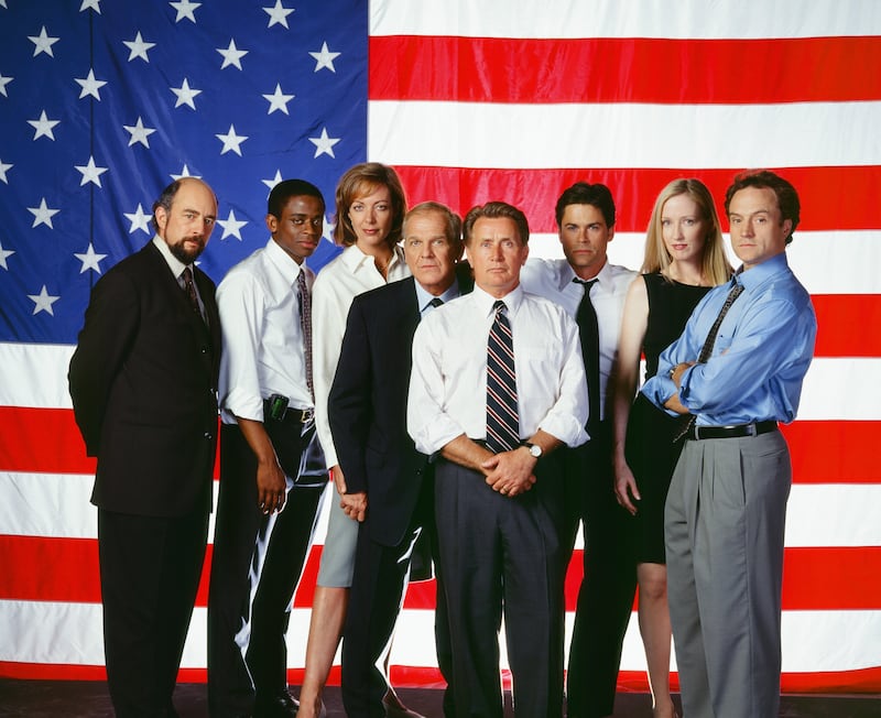 THE WEST WING -- Season 2 -- Pictured: (l-r) Richard Schiff as Toby Ziegler, Dule Hill as Charlie Young, Allison Janney as Claudida Jean 'C.J.' Cregg, John Spencer as Leo McGarry, Martin Sheen as President Josiah 'Jed' Bartlet, Rob Lowe as Sam Seaborn, Janel Maloney as Donna Moss, Bradley Whitford as Josh Lyman.