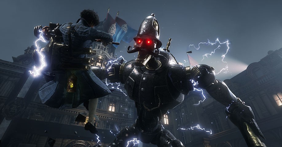 A giant police robot grabs Pinocchio in Lies of P
