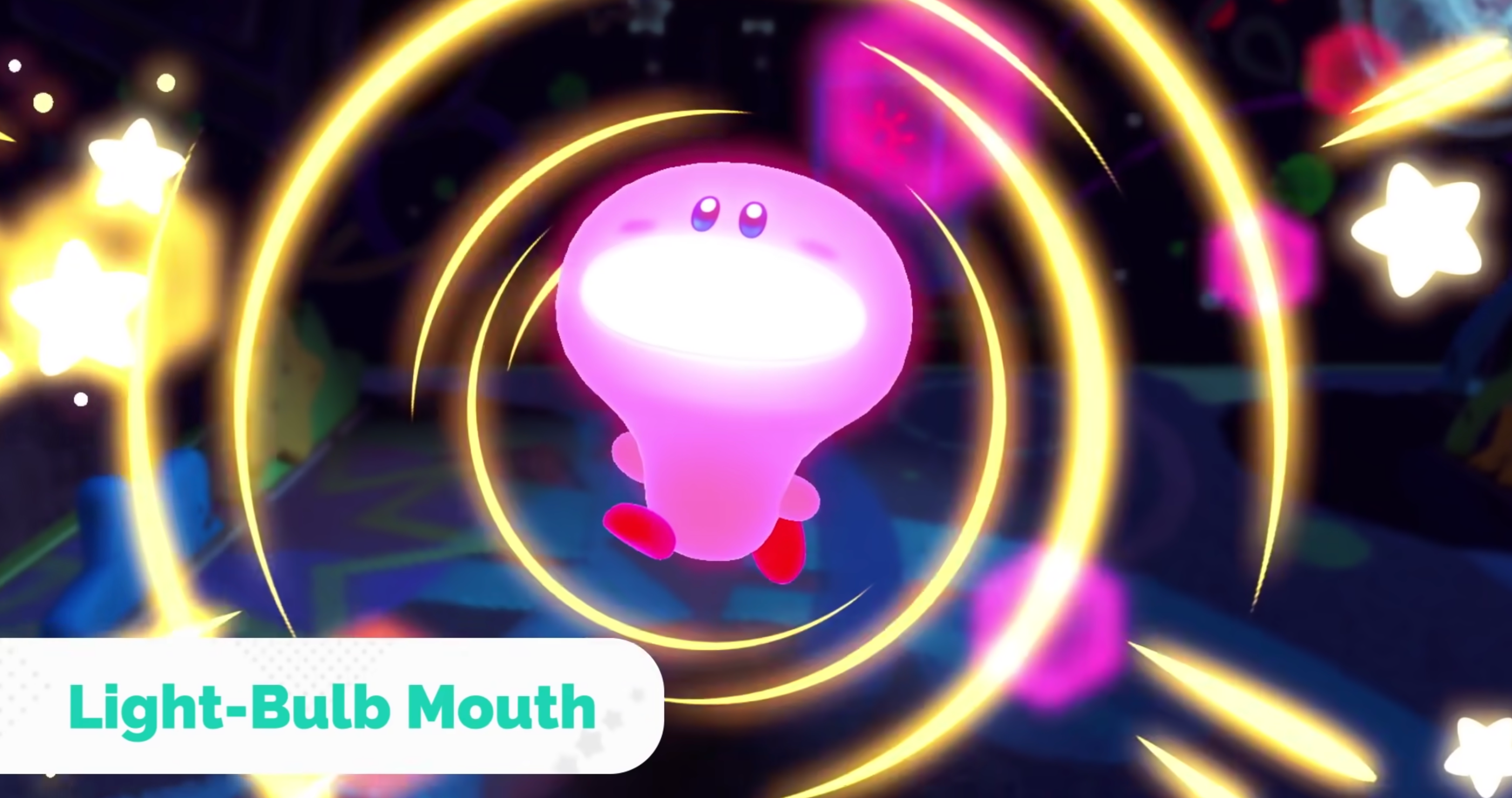 Kirby in Mouthful Mode, looking like a giant lightbulb