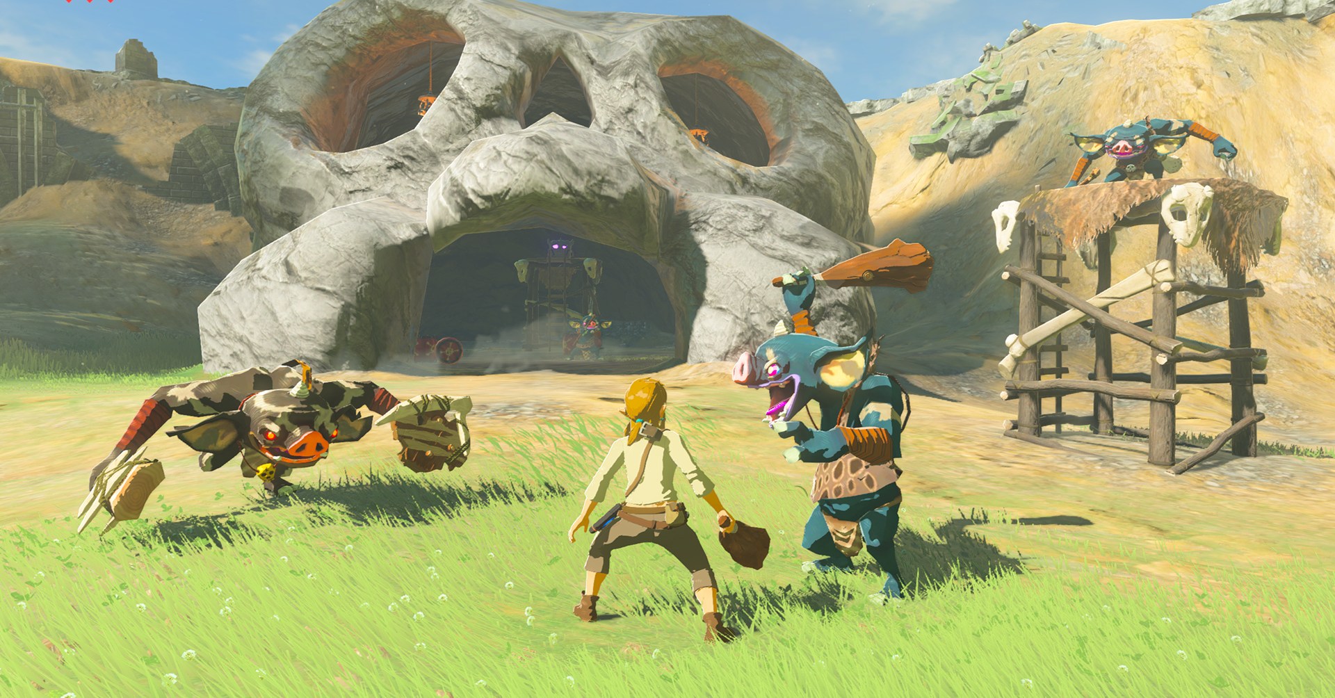 Link in a battle with blue Bokoblins in The Legend of Zelda: Breath of the Wild
