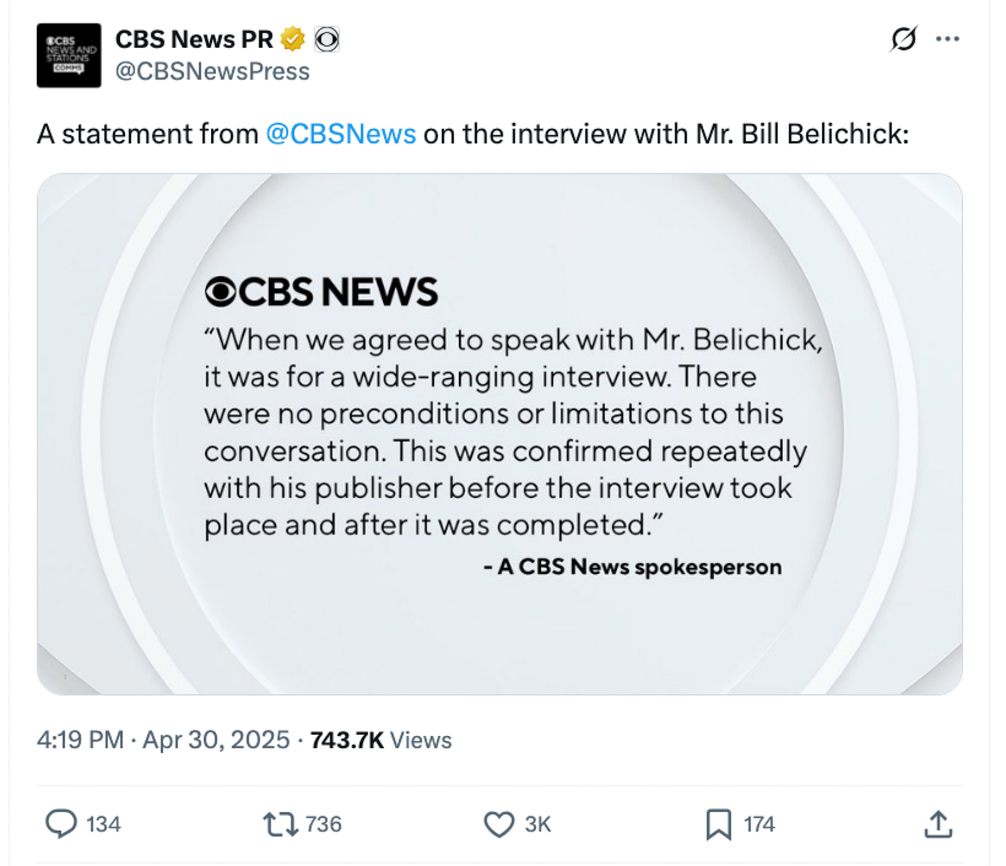 A statement from CBS News on the Bill Belichick interview. 