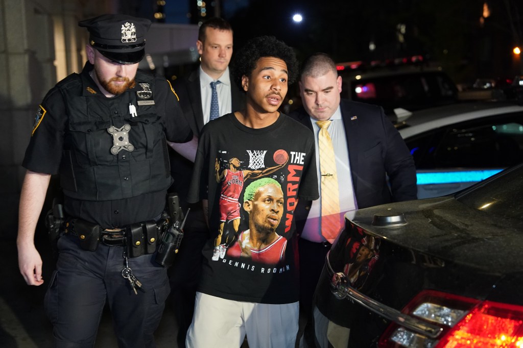 Emanuel Charles, 21, being transported from the Midtown North Precinct stationhouse in New York, NY on April 30, 2025. 