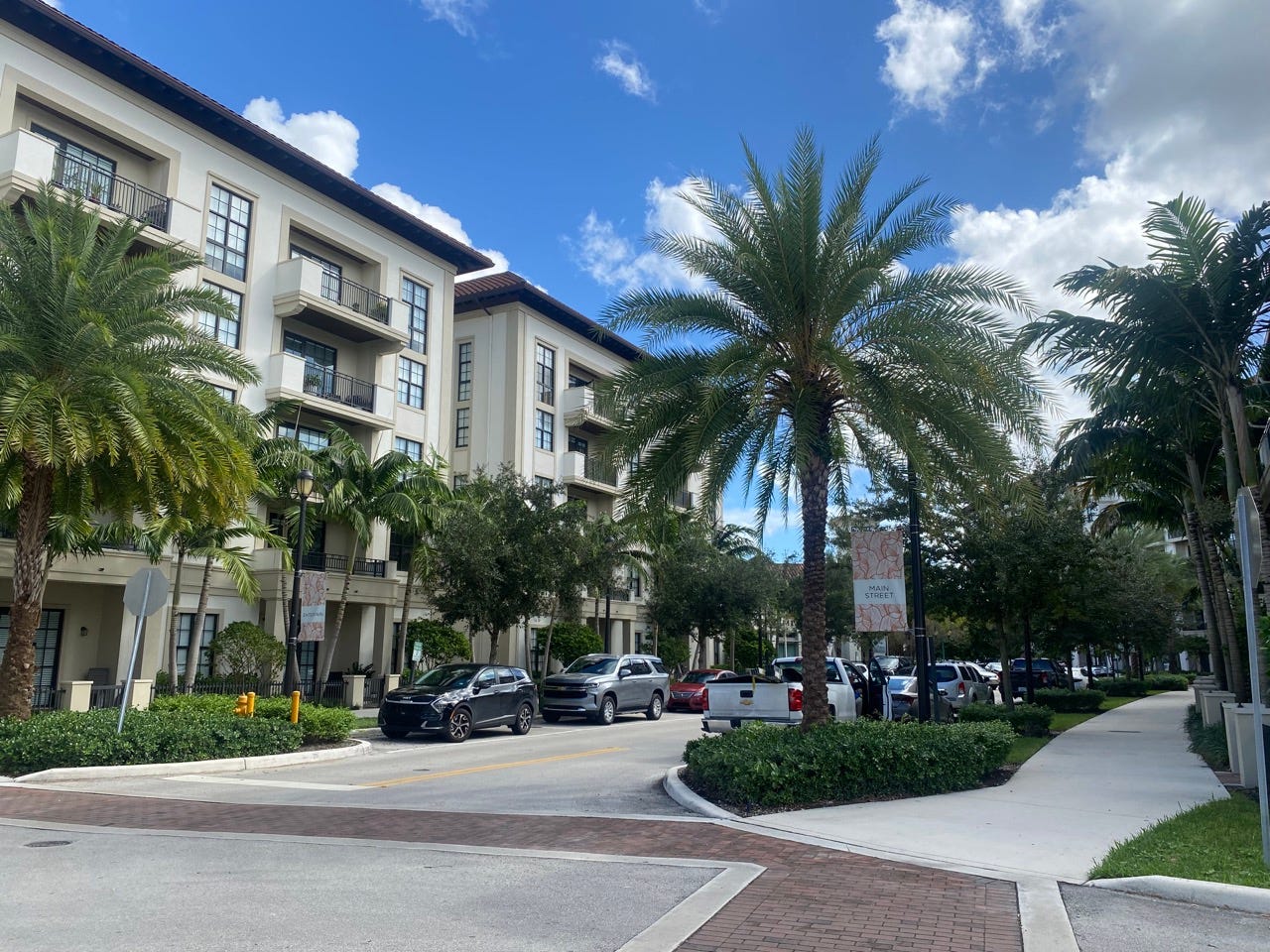 Palm trees and cobblestone paths in Miami Lakes