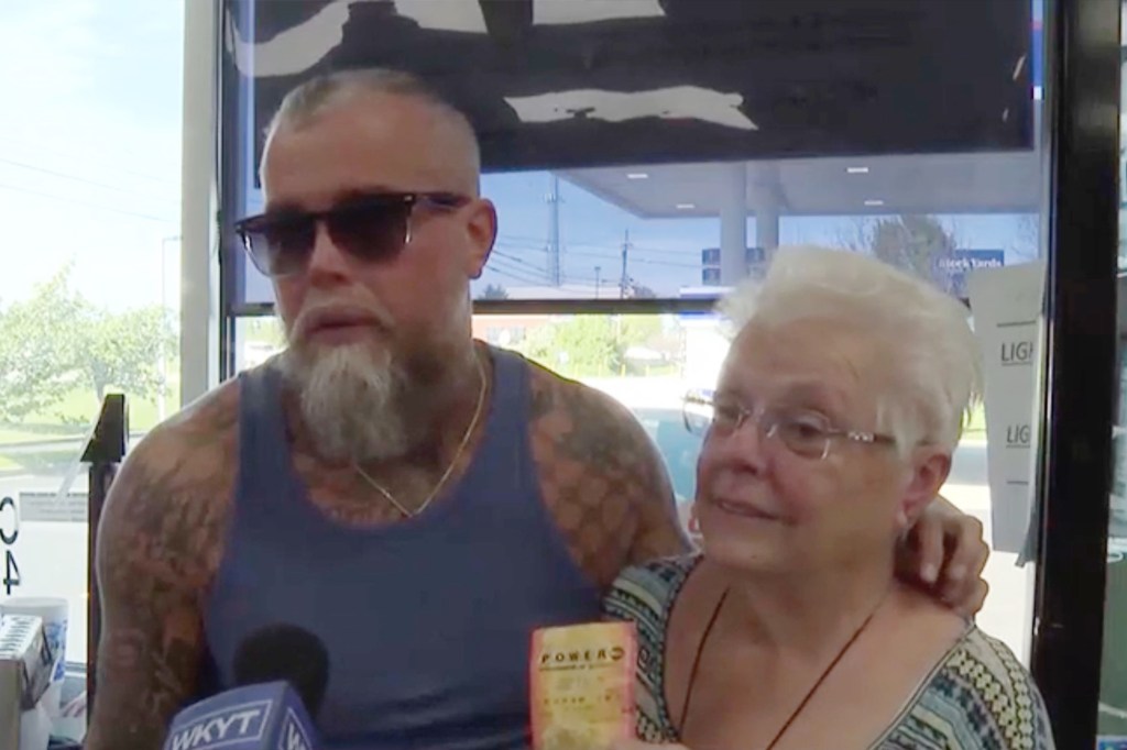 Farthing and Grizzle inside the Clark’s Pump N Shop in Georgetown, Kentucky after winning the lottery jackpot.