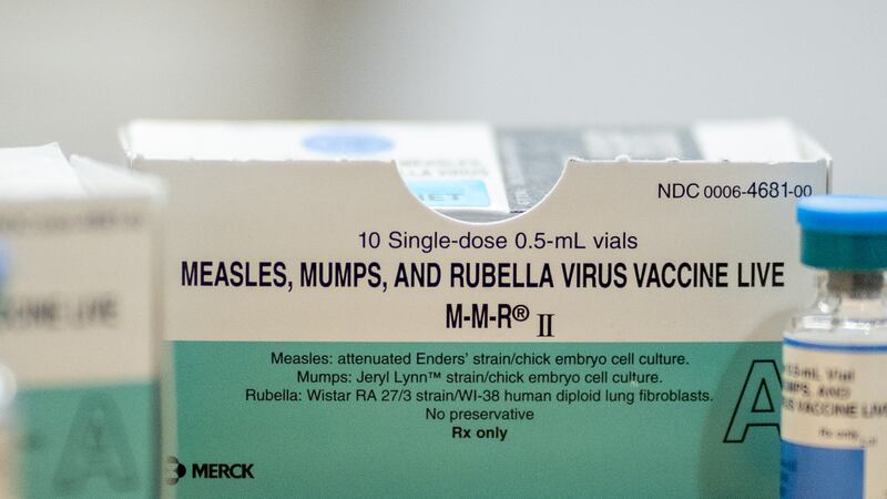 Boxes and vials of the Measles, Mumps, Rubella Virus Vaccine at a vaccine clinic put on by Lubbock Public Health Department on March 1, 2025 in Lubbock, Texas.
